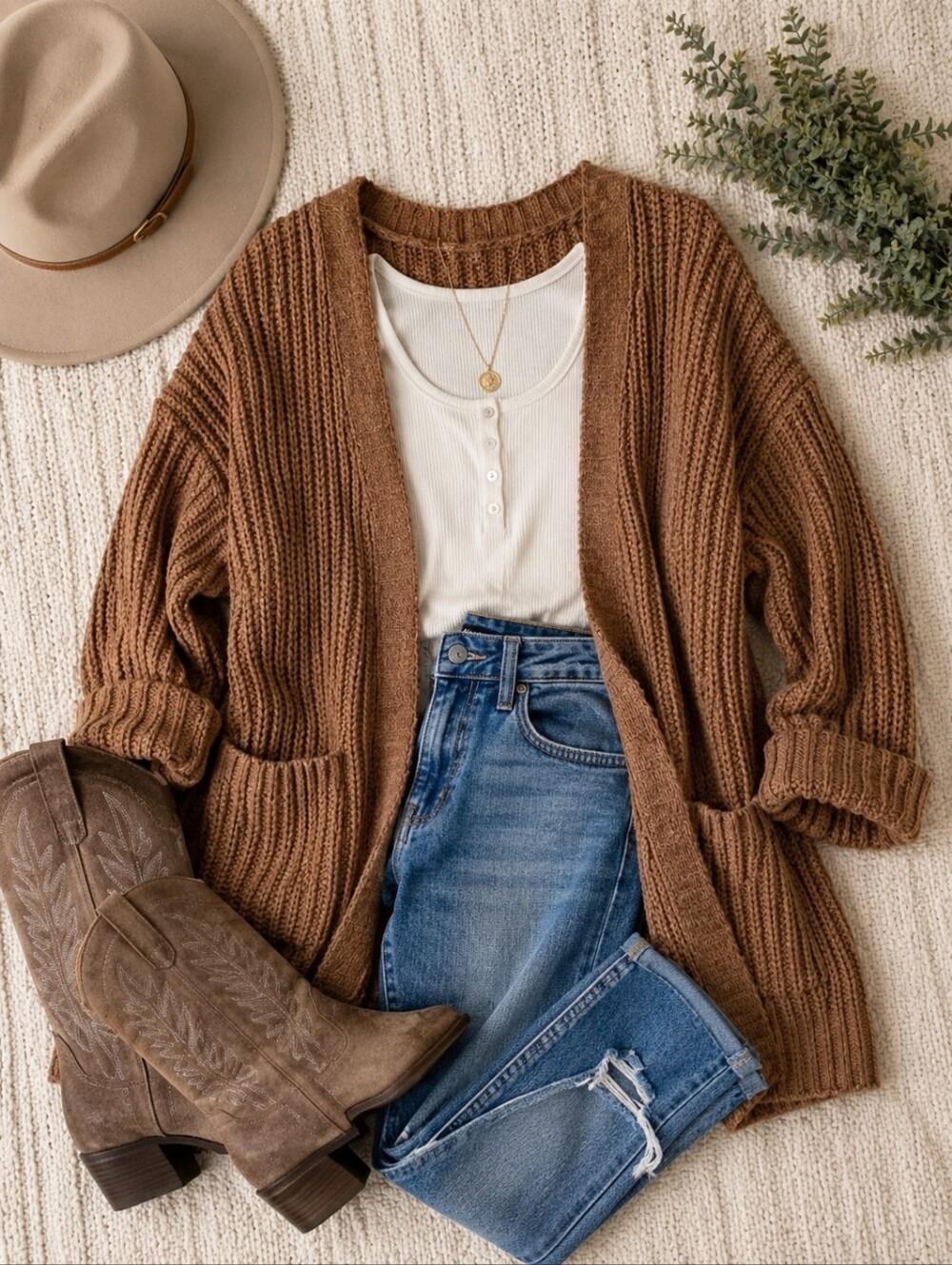 Cozy Open-Front Brown Knit Cardigan Sweater